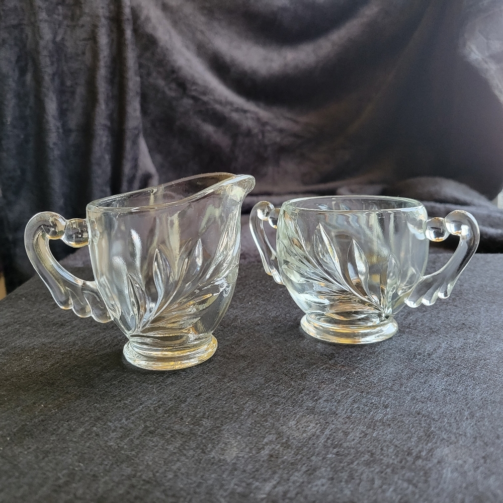 Vintage Indiana Glass Open Sugar and Creamer.  Willow Clear